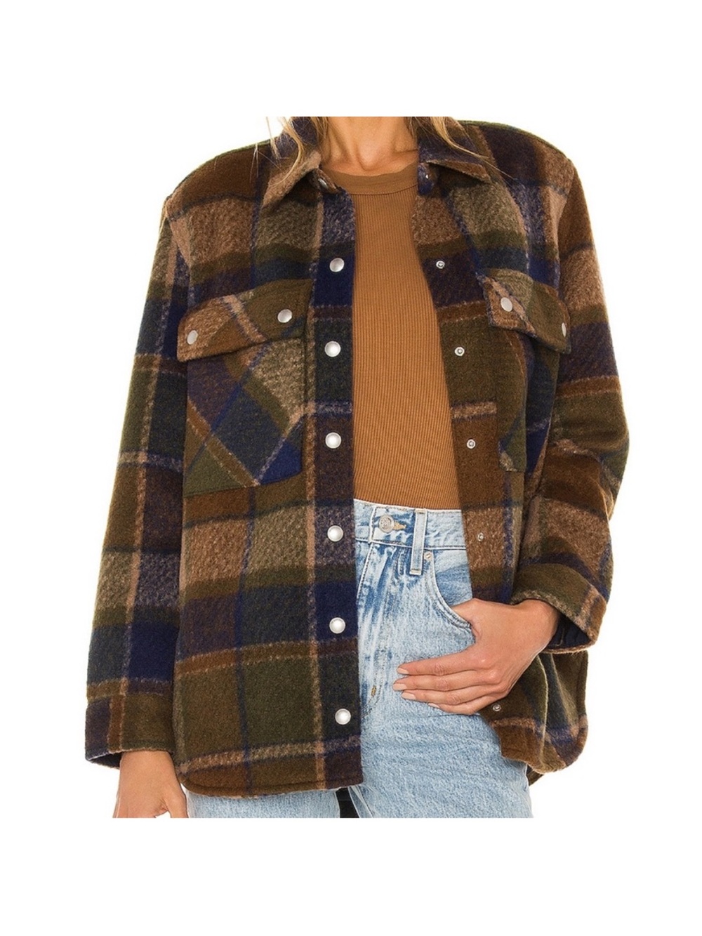 Blank NYC plaid Shacket in Olive, Brown & Navy